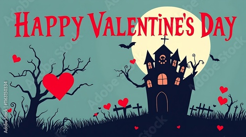 A Valentine's Day design in a modern flat style using simple two-dimensional shapes and dark tones, evoking an eerie and creepy atmosphere with unsettling details and vibrant complementary colors.