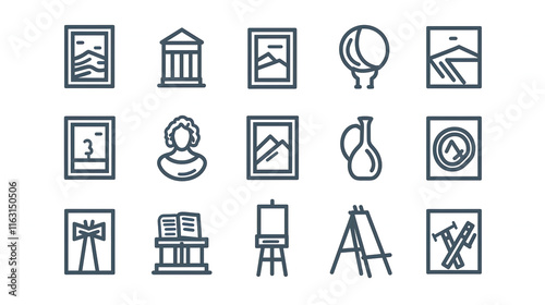 Set of 16 art and culture line icons.