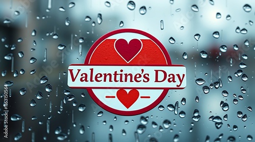 A Valentine's Day logo, tight close-up shot, vibrant complementary colors, modern flat style, geometric shapes, clean lines, drizzling rain, reflective surfaces, balanced, symmetrical, visually clear.