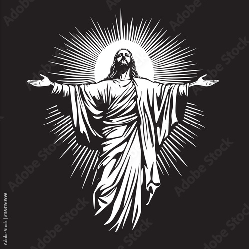 Black and White Illustration of Jesus Ascending to Heaven with Halo, Arms Outstretched, Gazing Towards the Sky, Capturing a Divine Moment of Ascension and Spiritual Power