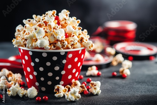 A themed movie night invitation featuring popcorn, film reels, and a cinematic black-and-red color scheme photo