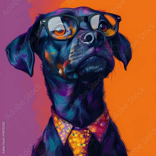 a black dog wearing glasses wearing a tie on