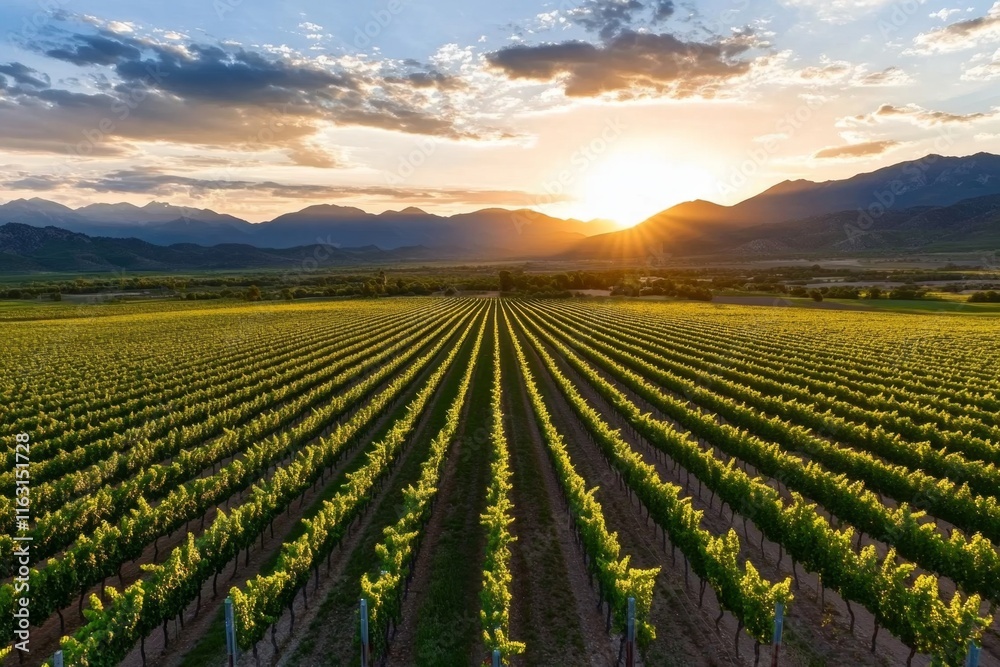 A vibrant vineyard with a drip irrigation system keeping the grapevines hydrated under a bright summer sun A vibrant vineyard with a drip irrigation system keeping the grapevines hydrated under a bright summer sun