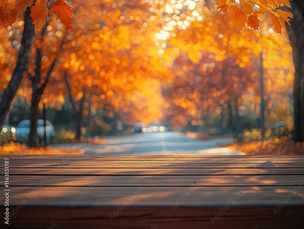 Empty wooden table sits in front of blurred autumn scene. Colorful bokeh maple trees create beautiful background. Sunny day. Natural light casts shadows on table. Perfect for display of products.