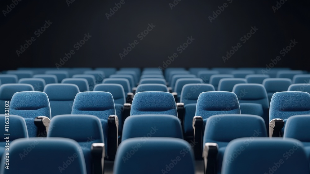 Obraz premium Blue theater seats arranged in neat rows with dark background creating a minimalist and elegant ambiance