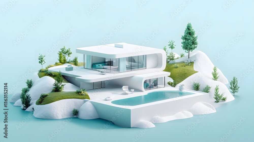 Naklejka premium Modern Minimalist House on a Hilltop with Pool