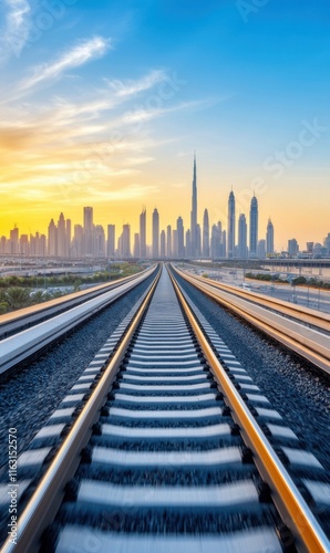 Tranquil railway tracks leading to a vibrant city skyline at sunset with stunning reflections and colors