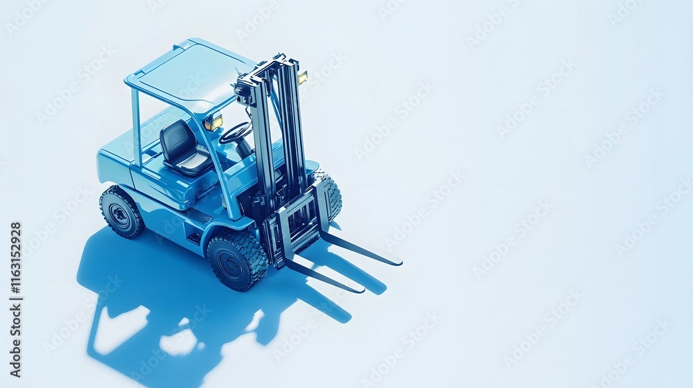 A Blue Forklift Stands on a Light Blue Background A Blue Forklift Stands on a Light Blue Background