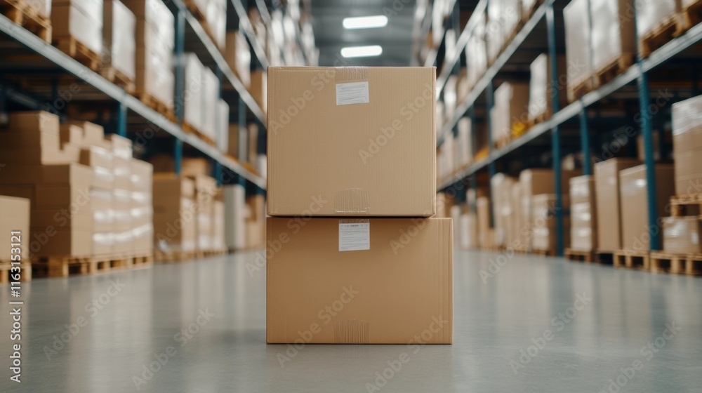 Stacked cardboard boxes in a spacious warehouse aisle with shelves filled with packages in the background Stacked cardboard boxes in a spacious warehouse aisle with shelves filled with packages in the background