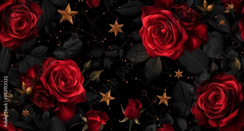 a beautiful background with red roses and gold stars