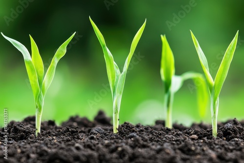 Four Corn Seedlings Emerging from Dark Soil Against a Green Background