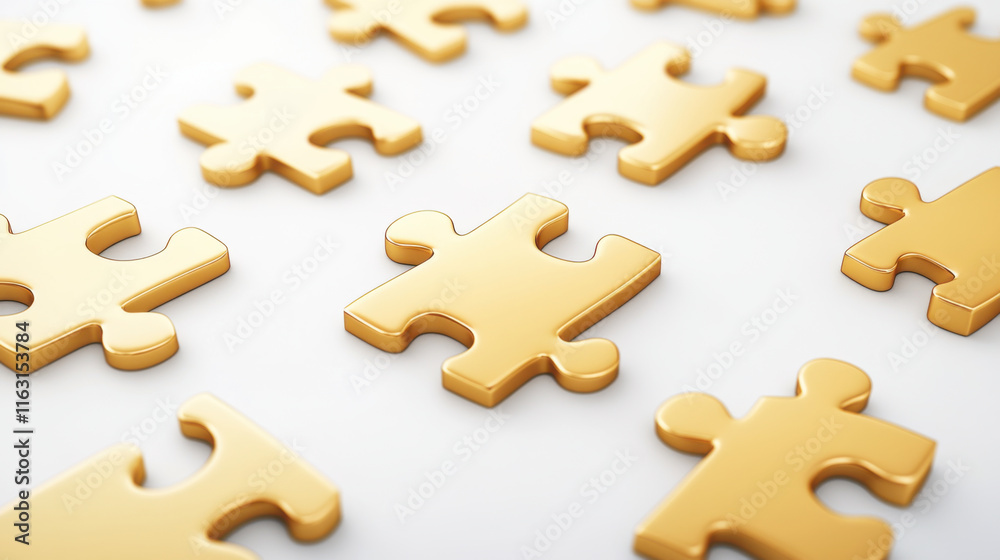 Fototapeta premium Business direction and target, Golden puzzle pieces scattered on light background, symbolizing connection and creativity