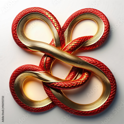 Abstract Gordian Knot Design: Snake-Inspired Interwoven Loops with Metallic Gradient Textures, Vibrant Red and Gold Highlights, Symbolic Modern Art for Chinese New Year Cultural Themes, High-Resolutio