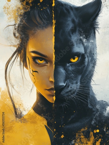 Fusion of human and panther: duality in yellow and black photo