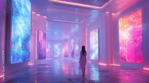 Futuristic art gallery with neon lit digital paintings and female visitor