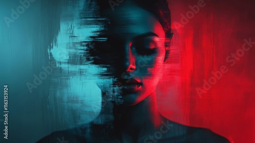 Abstract Portrait Woman Cyan Red Brushstrokes