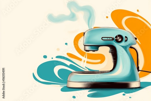 A clean illustration of a steam iron with soft, curved lines and a wisp of steam floating upward