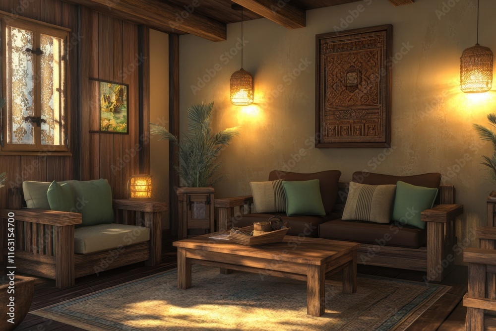 Rustic Living Room with Mocha Brown Furniture and Warm Lighting Rustic Living Room with Mocha Brown Furniture and Warm Lighting