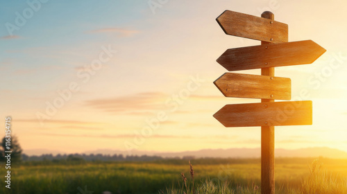 Business direction and target, Weathered signpost at crossroads with directional arrows, evoking choices and adventure photo