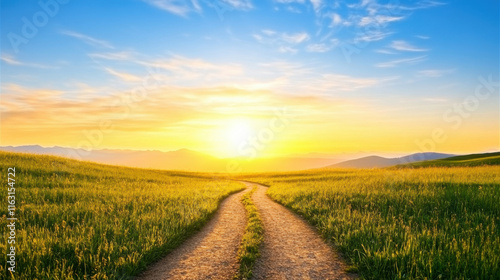 Business direction and target, winding path leads towards bright horizon under colorful sky