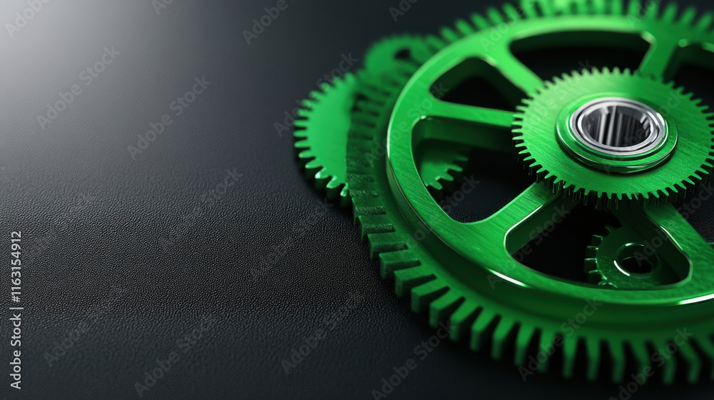 Business direction and target, Bold green gear wheel with metallic accents on dark surface, showcasing intricate design and craftsmanship Business direction and target, Bold green gear wheel with metallic accents on dark surface, showcasing intricate design and craftsmanship