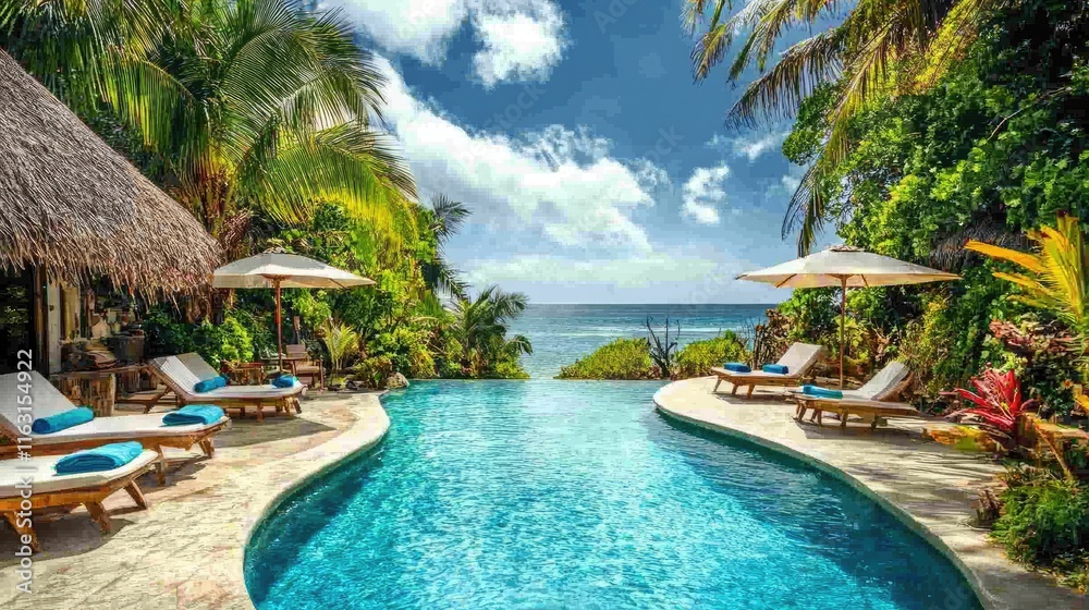 Fototapeta premium Tropical Paradise Pool with Lounge Chairs and Palm Trees near Ocean