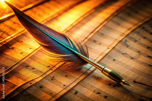 Swooping drone captures a quill pen scoring music; high-resolution detail reveals intricate artistry. photo