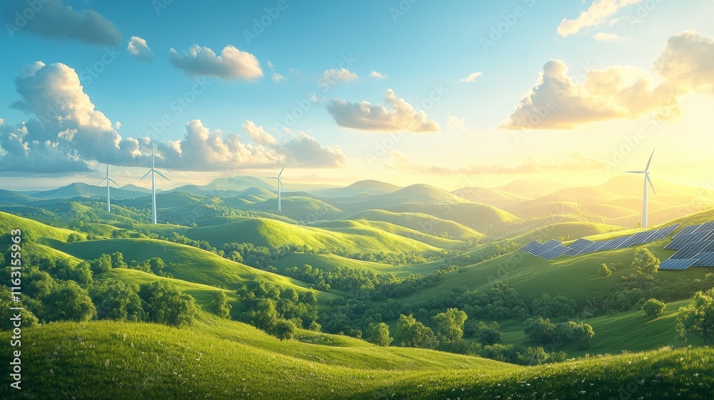 Fototapeta premium Scenic Rolling Green Hills Under Clear Blue Sky at Sunrise