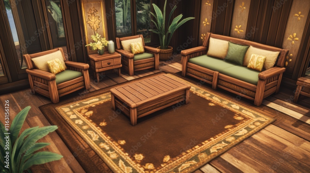 Fototapeta premium Cozy Living Room with Warm Mocha Brown Rugs and Rustic Furniture