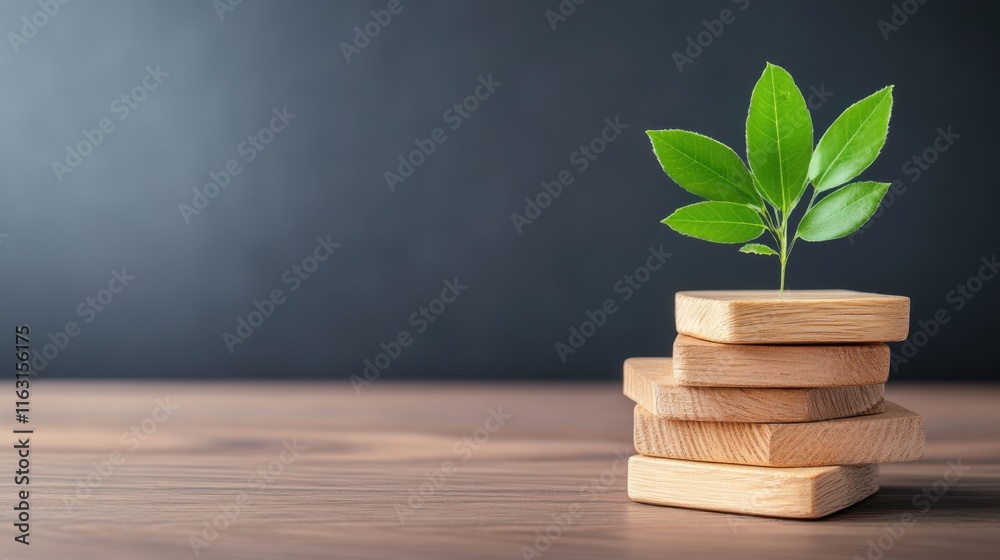 Green Leaf Growing from Wooden Blocks on a Dark Background Representing Sustainability and Eco-Friendly Concepts Green Leaf Growing from Wooden Blocks on a Dark Background Representing Sustainability and Eco-Friendly Concepts