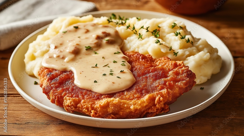 Hearty chicken fried steak served with creamy mashed potatoes, gravy. Delicious meal. Close-up view of food on plate. Perfect for lunch dinner. Ideal for restaurant home cooking. Plate filled with Hearty chicken fried steak served with creamy mashed potatoes, gravy. Delicious meal. Close-up view of food on plate. Perfect for lunch dinner. Ideal for restaurant home cooking. Plate filled with