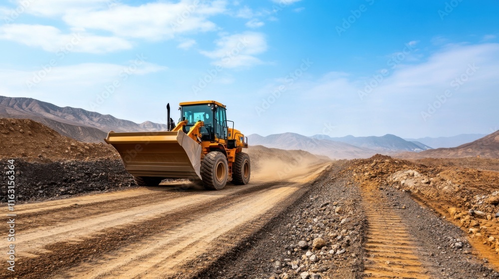 Heavy machinery operating on construction site with bright blue sky and rugged mountains in background Heavy machinery operating on construction site with bright blue sky and rugged mountains in background