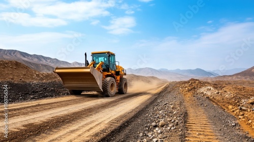 Heavy machinery operating on construction site with bright blue sky and rugged mountains in background