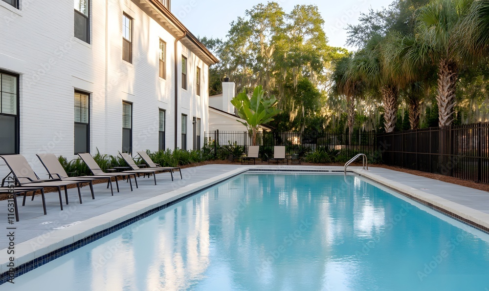 Fototapeta premium pool of a A modern luxury white brick townhouse in savannah Georgia with views of the live oak trees, Generative AI 