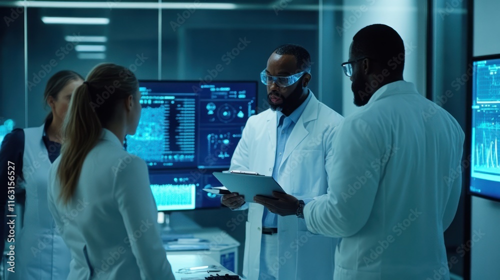 Obraz premium A diverse group of scientists discussing results in a glass-walled conference room, digital screens displaying data 