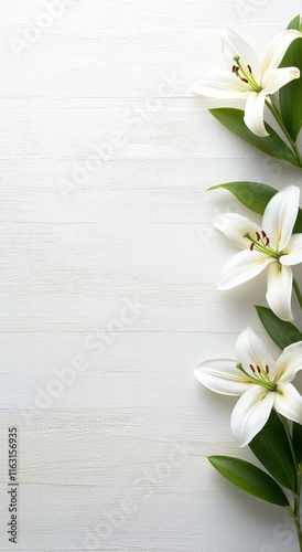White Lilies on White Wooden Background