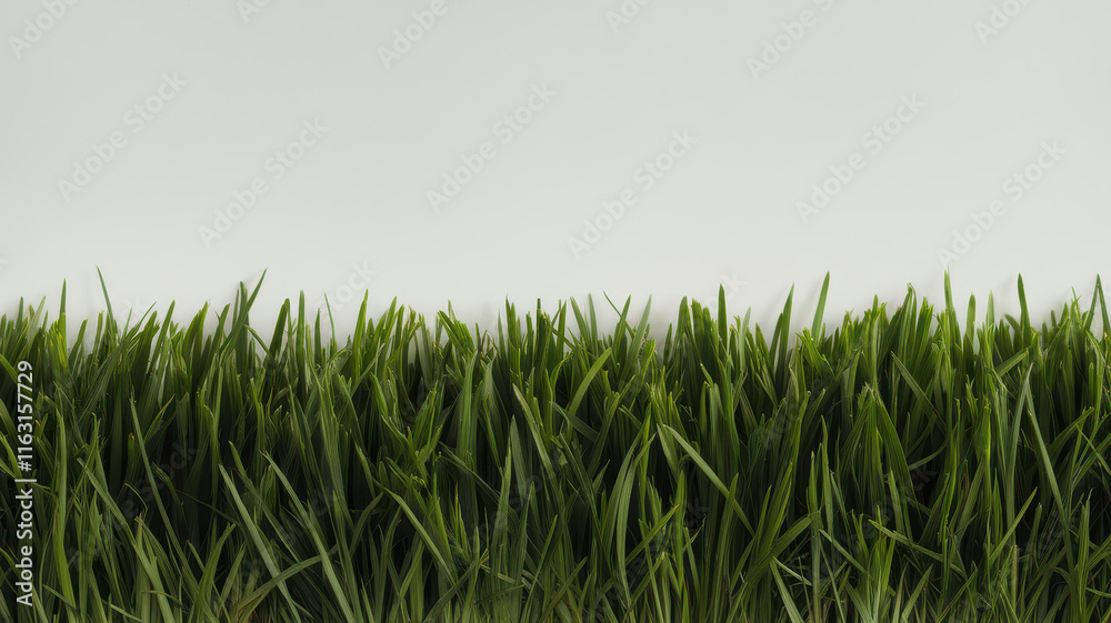 Obraz premium Lush green grass against a soft gray background, evoking a fresh and vibrant feel, perfect for nature-themed projects.