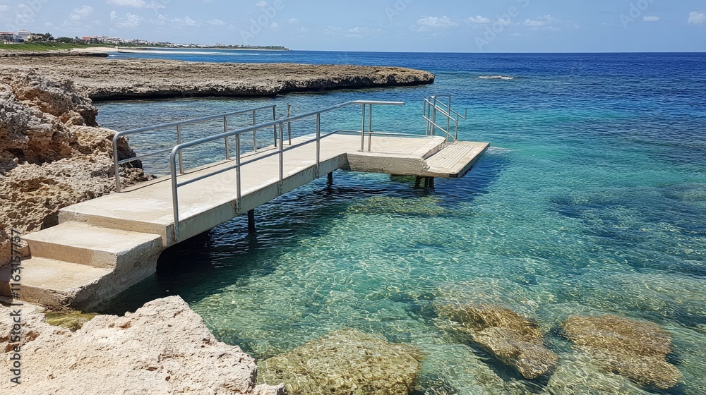 Fototapeta premium Tranquil Coastal Scene with Wooden Dock and Clear Blue Water