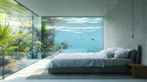 A serene bedroom with an underwater view featuring aquatic life and lush vegetation.