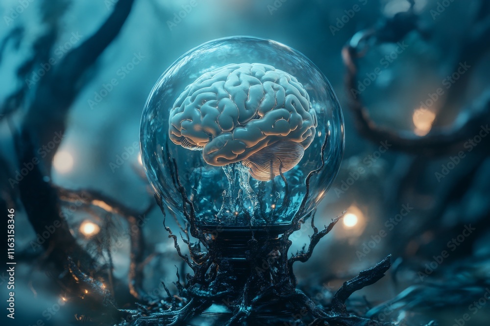 A gothic-style glowing brain encased in a mysterious glass orb surrounded by intricate ironwork A gothic-style glowing brain encased in a mysterious glass orb surrounded by intricate ironwork