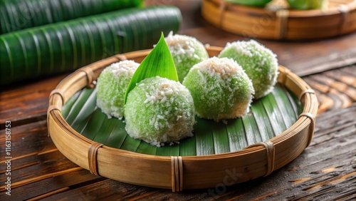 Traditional Indonesian Klepon cake made from grated cassava, wrapped in pandan leaf , Indonesian, Klepon, cake photo