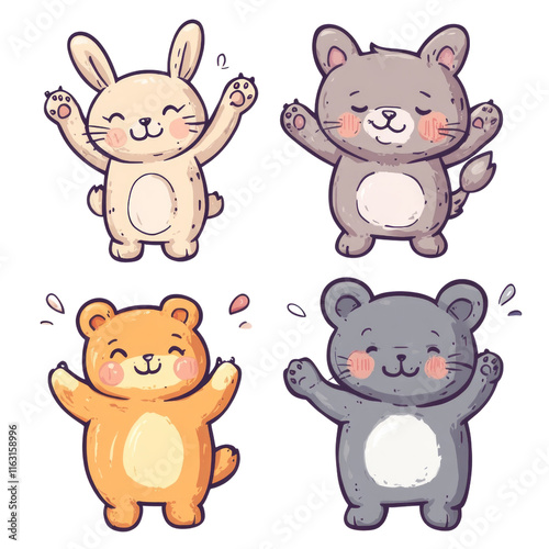 Four cartoon animals are standing and smiling