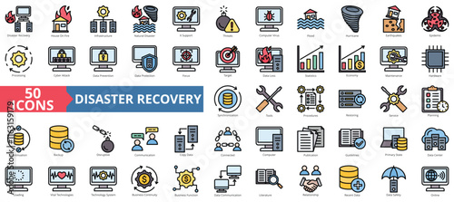 Disaster recovery icon collection set. Containing house on fire, infrastructure, natural disaster, it support, threats, computer virus, flood icon. Simple flat outline vector illustration
