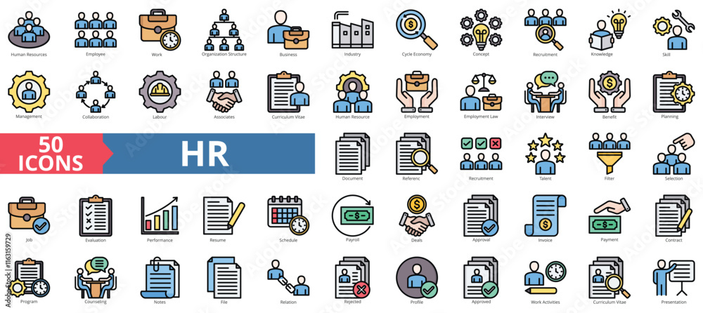 Human resources icon collection set. Containing employee, work, organization structure, business, industry, cycle economy, hr, concept icon. Simple flat outline vector illustration Human resources icon collection set. Containing employee, work, organization structure, business, industry, cycle economy, hr, concept icon. Simple flat outline vector illustration