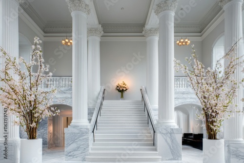 A pair of ionic columns framing a grand marble staircase, evoking a sense of historical grandeur