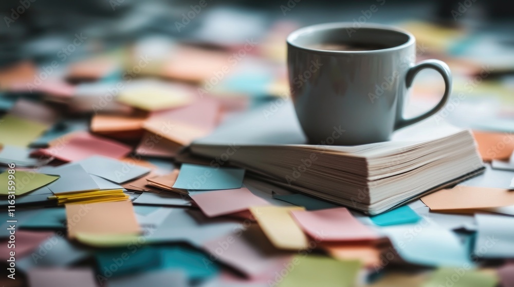 Fototapeta premium Coffee Cup on Book Surrounded by Colorful Sticky Notes
