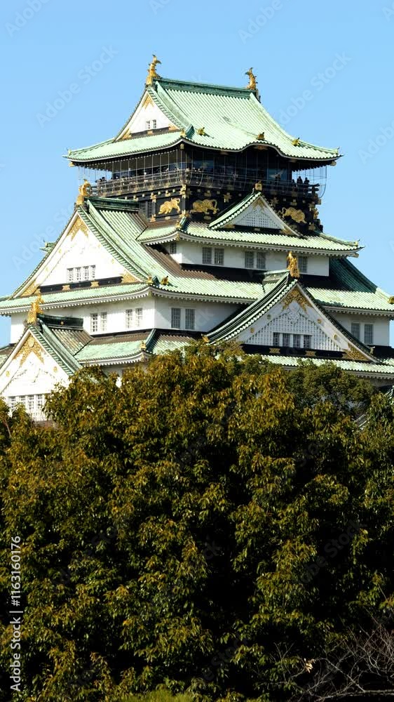 Osaka Castle under the blue sky in Japan, Travel or Japanese tradition, Vertical video for smartphone footage Osaka Castle under the blue sky in Japan, Travel or Japanese tradition, Vertical video for smartphone footage