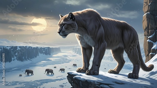 Majestic Panthera spelaea Overlooking an Ice Age Valley photo