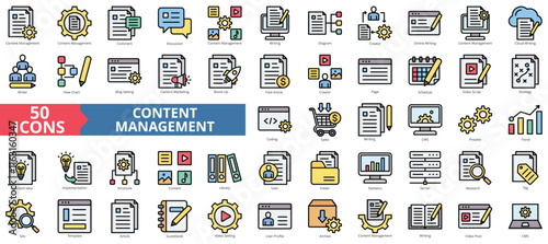 Content management icon collection set. Containing comment, discussion, writing, diagram, creator, online writing, cloud icon. Simple flat outline vector illustration
