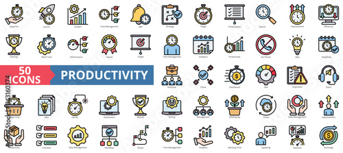 Productivity icon collection set. Containing organize, launch, growth, time management, bell, strategy, target icon. Simple flat outline vector illustration